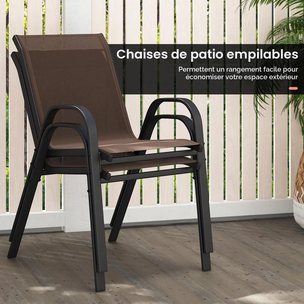 GIANTEX Lot de 4 Chaises de Jardin Extérieures, Chaise de Salle à Manger Empilables Cadre en Acier avec Mains Courantes, Fauteuil d'Extérieur avec Dossier et Siège Ergonomiques (Marron)