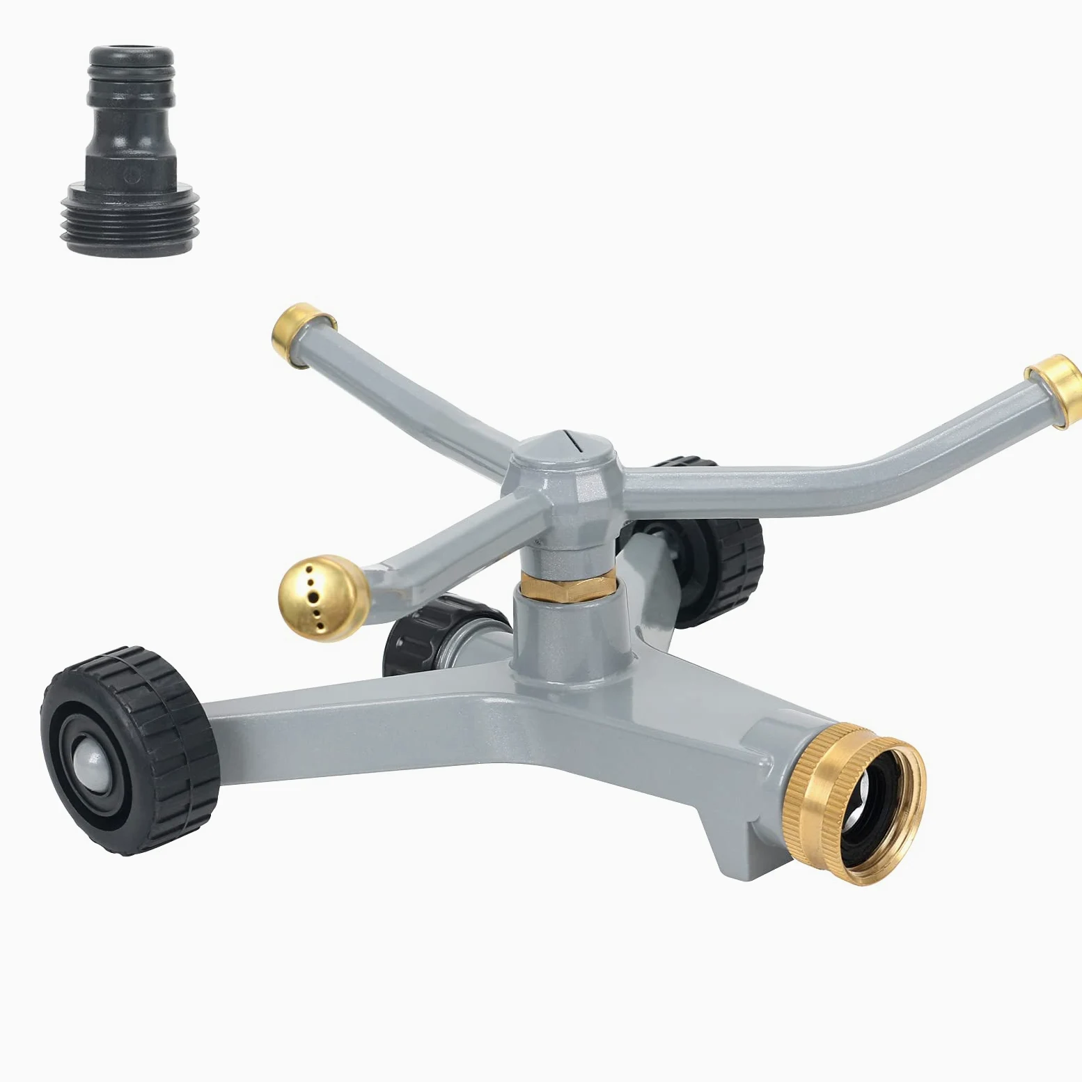 STYDDI Arroseur en métal avec adaptateur de produit QuickConnect - Arroseur à eau rotatif à 3 bras avec base à roulettes pour pelouse extérieure et jardin, cour