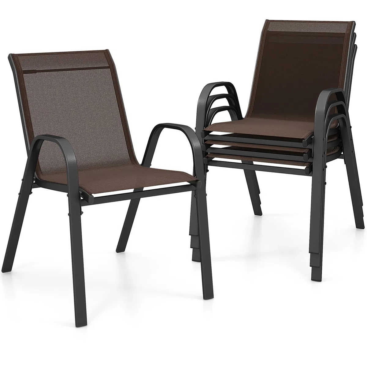 GIANTEX Lot de 4 Chaises de Jardin Extérieures, Chaise de Salle à Manger Empilables Cadre en Acier avec Mains Courantes, Fauteuil d'Extérieur avec Dossier et Siège Ergonomiques (Marron)