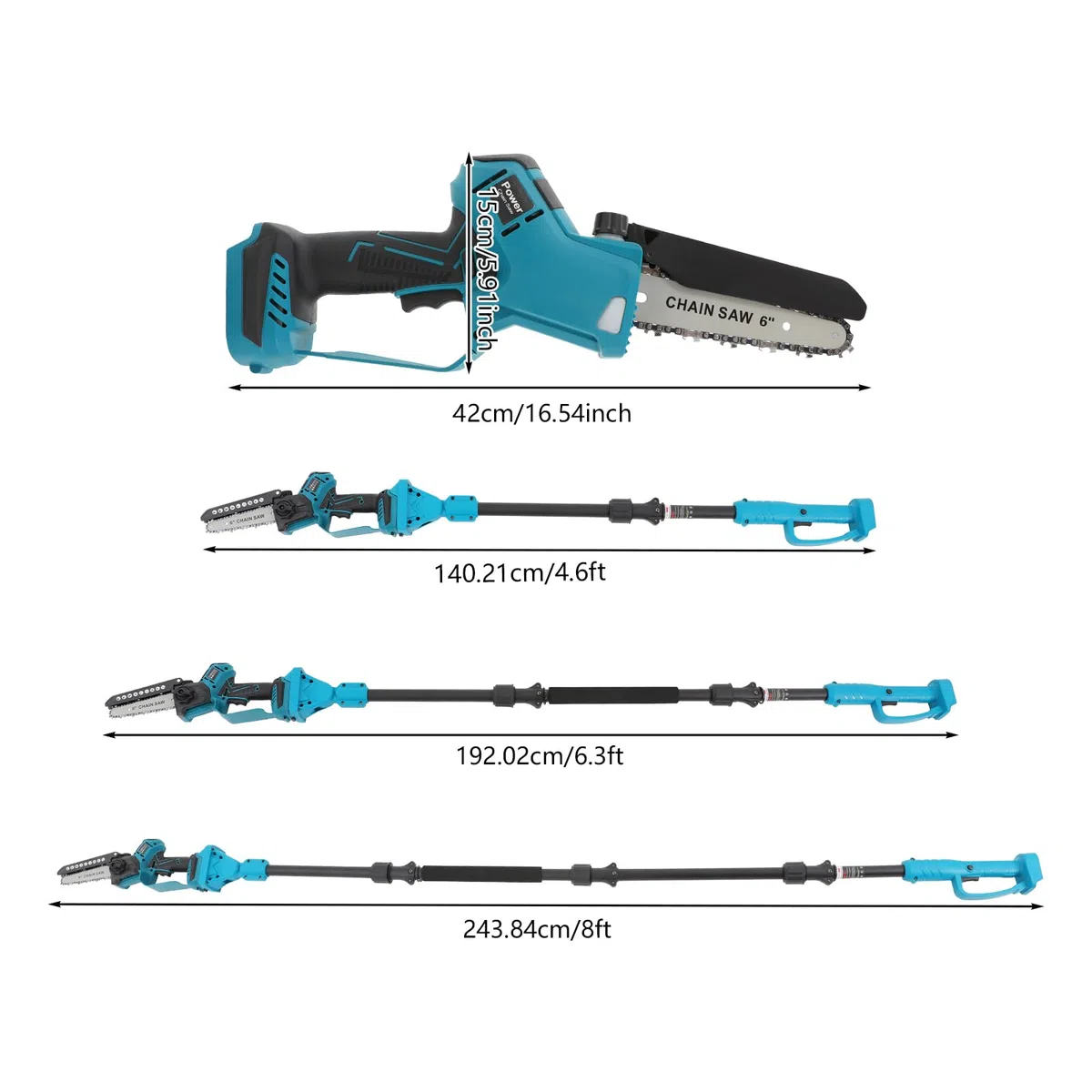 Tronçonneuse sans fil - Tronçonneuse professionnelle - Scie d'élagage télescopique sans fil - Tronçonneuse 6/8" avec rallonge - Scie d'élagage 2 en 1 sans balais - 137-244 cm