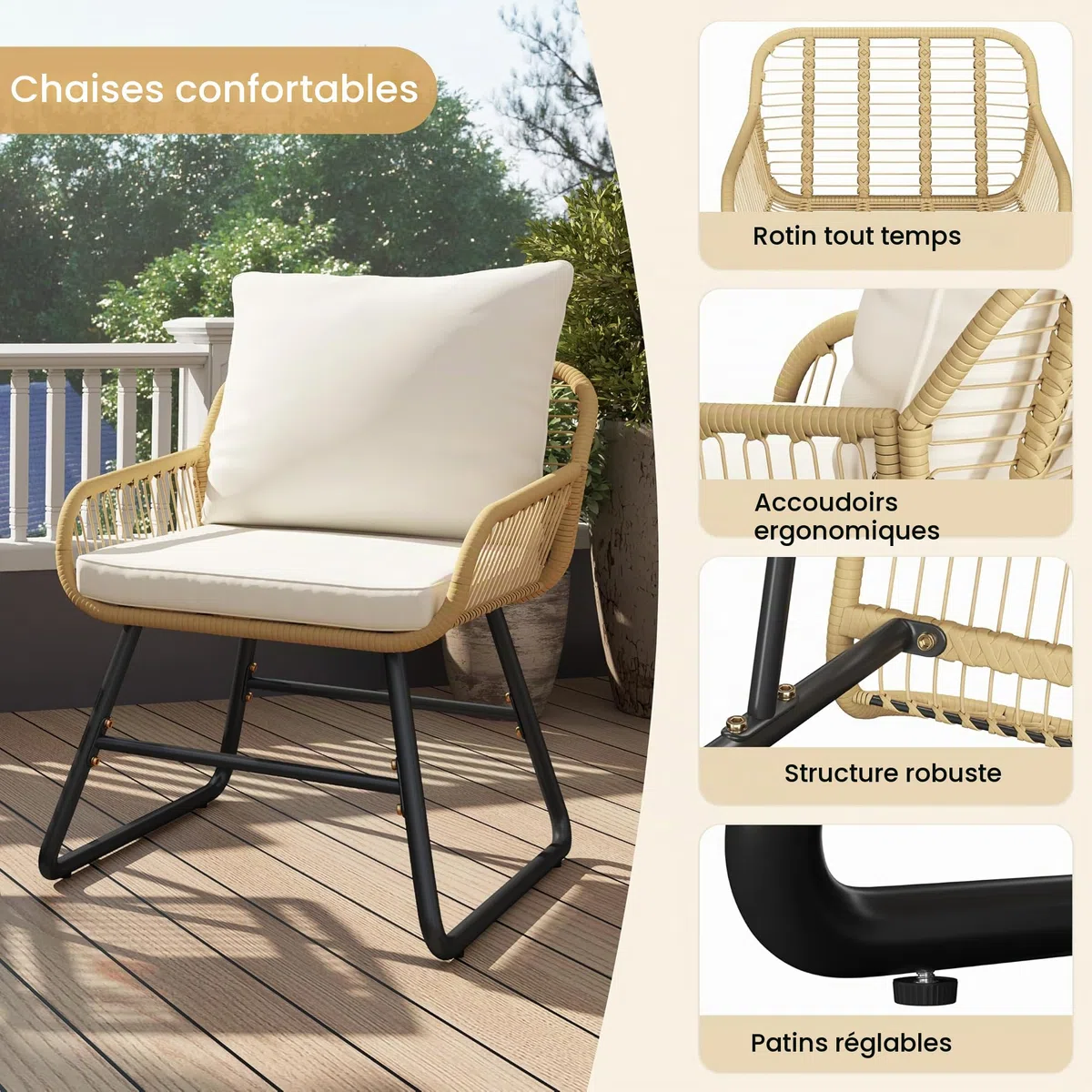 Yaheetch - Ensemble de 3 Meubles de bistrot en polyrotin avec 2 chaises - Petit Balcon, Salon de Jardin, extérieur, Marron Clair et Blanc crème