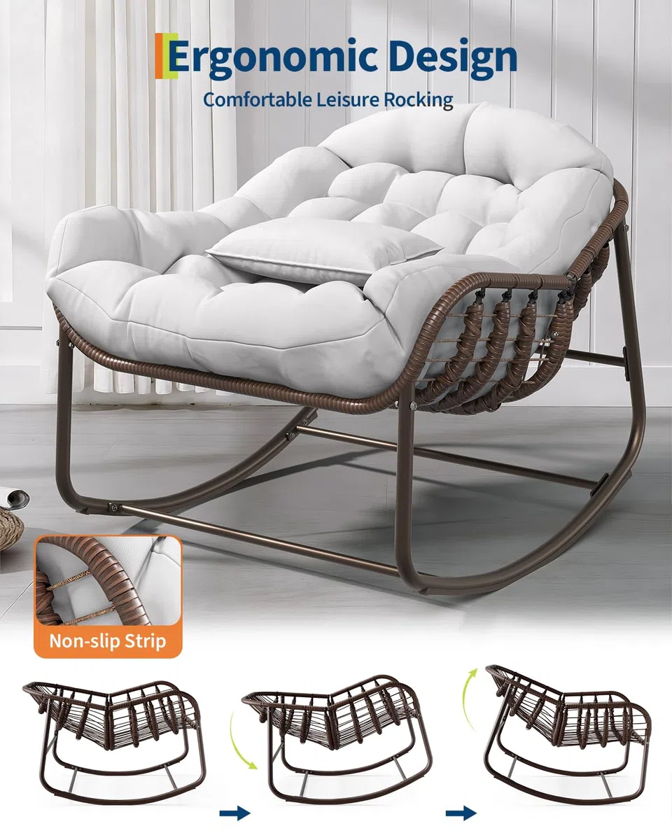 Fauteuil à Bascule Papasan d’extérieur XXL, Chaise œuf en résine tressée avec Coussin épais, Structure métal avec Base en Bois – pour Patio, Jardin, Balcon, Porche – Marron + Tissu écru –