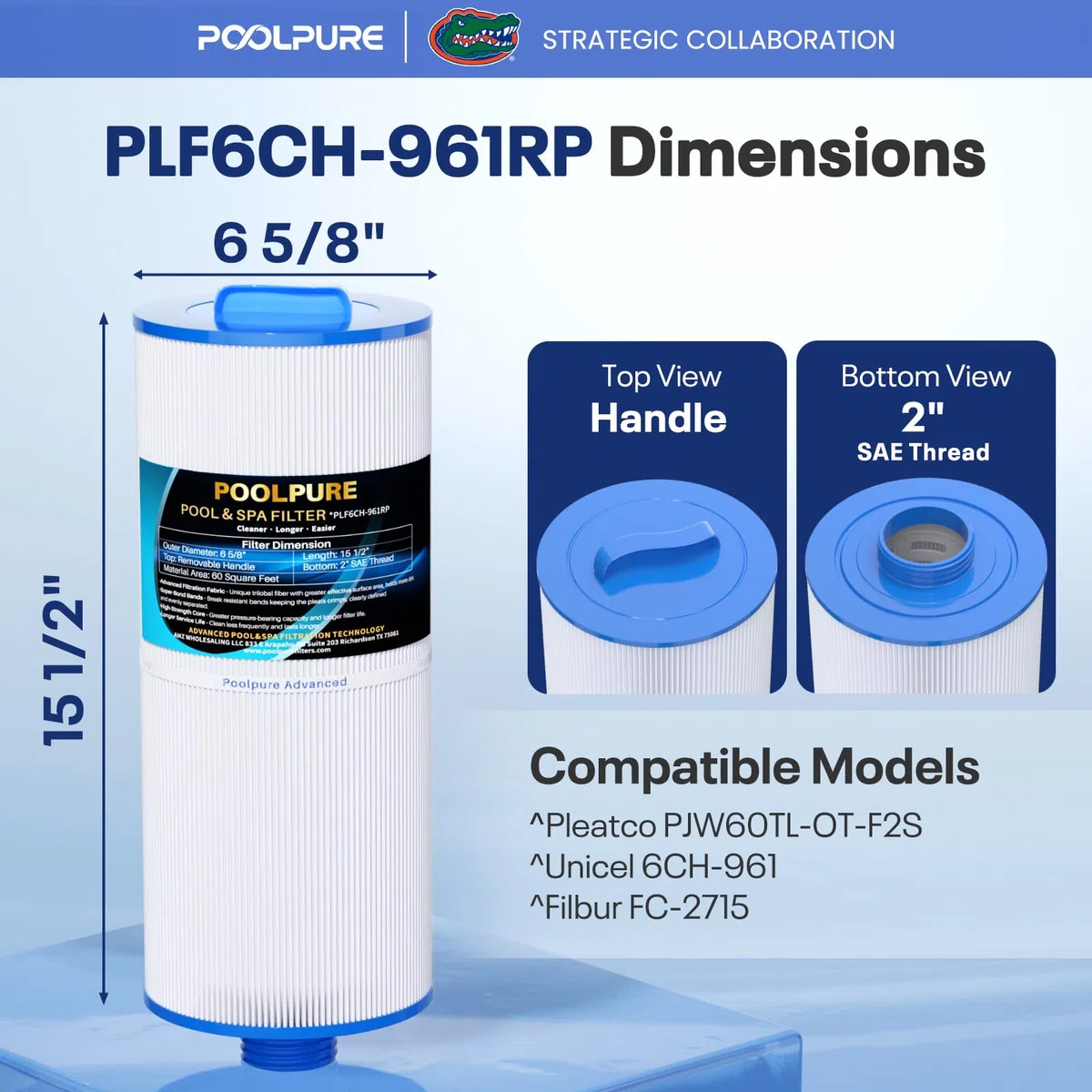 POOLPURE Filtre Sap PLF6CH-961RP remplace PJW60TL-OT-F2S, PJW60TL-OT_x005f, Jacuzzi Prem J300, J400, Unicel 6CH-961, Filbur FC-2715, 6541-383, 6540-476, 60 S60 q.ft Cartouche filtrante Lot de 2