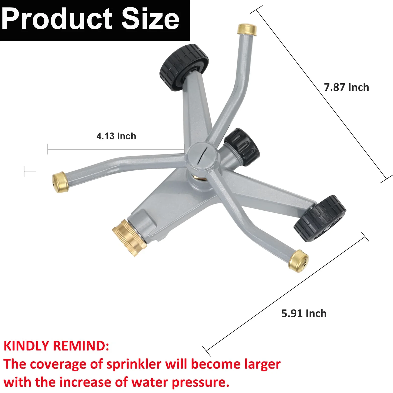 STYDDI Arroseur en métal avec adaptateur de produit QuickConnect - Arroseur à eau rotatif à 3 bras avec base à roulettes pour pelouse extérieure et jardin, cour