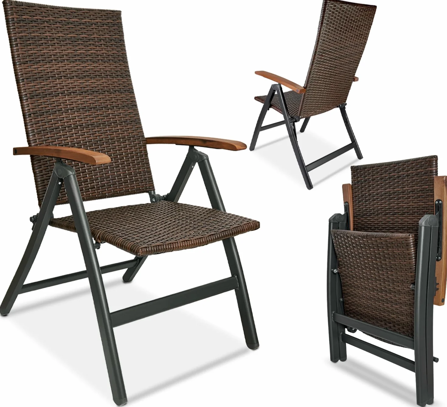 BRUBAKER Modena Chaise de Jardin Poly Rattan - Chaise à Dossier Haut réglable en 7 Positions - Rembourré - Imperméable - Métal - Gris/Brun