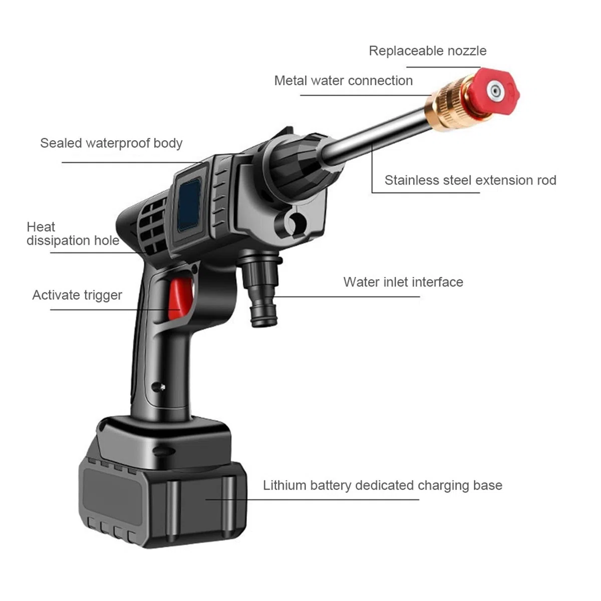 Pistolet d'arrosage avec embout multi-jets, Générateur de mousse sans fil du nettoyeur à pression 12000mA lavage voiture 70BAR