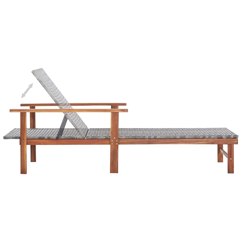 Chaise Longue résine tressée Gris avec Bois d'acacia Massif pour Jardin terrasse Piscine transat Relaxation Confortable extérieur Stable 200 cm