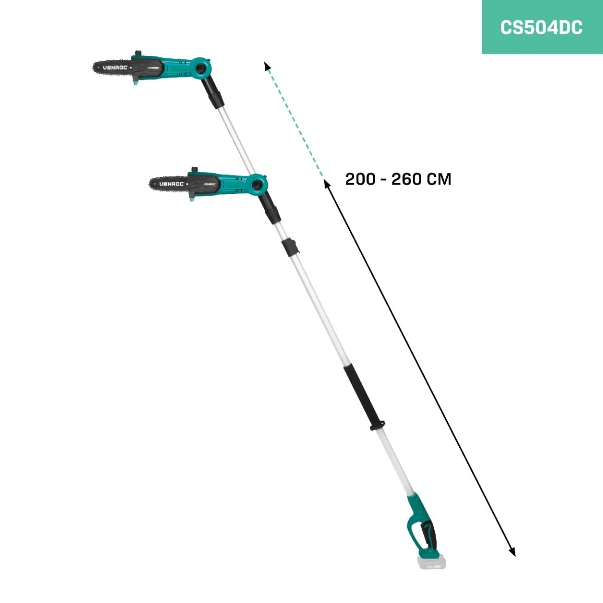 VONROC Élagueuse sur perche sans fil 20V (sans batterie, ni chargeur rapide) - Tête inclinable - Perche extensible (200-260 cm) - Chaine 44T, 5m/d