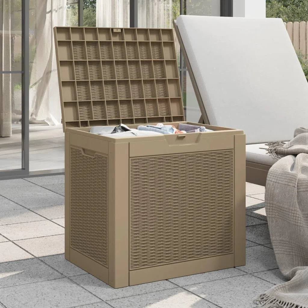 Coffre de jardin marron clair 55,5 x 43 x 53 cm – 118 l – Boîte de rangement en polypropylène robuste aspect rotin – Coffre de jardin avec couvercle et poignées pour coussins et outils de