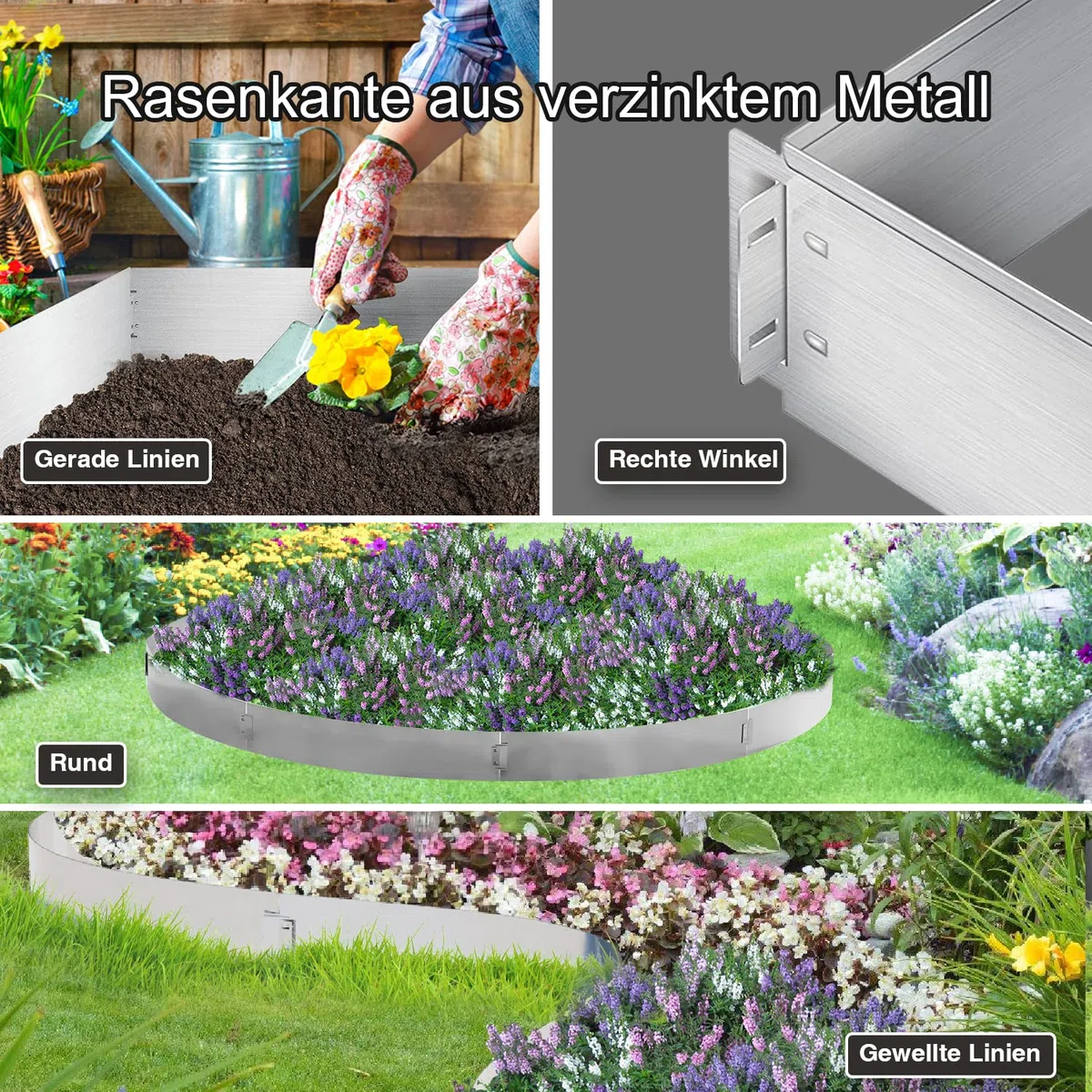 Bordure de pelouse en métal 40m - 40 pièces galvanisées Bordure de Tonte, Bordure de Parterre Longueur par 10m, Hauteur 18cm, pour Les Plantes de Jardin Culture maraîchère Florale, argenté