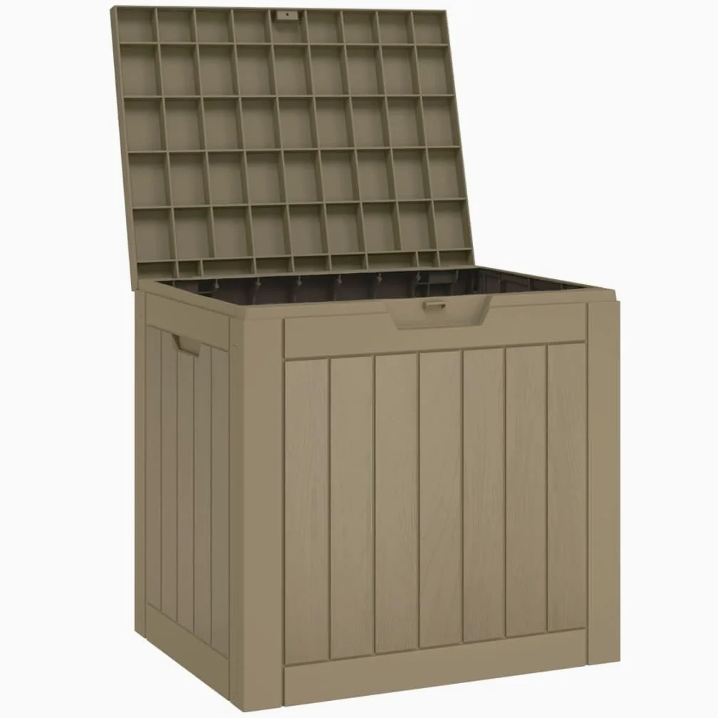 Coffre de jardin gris aspect bois en polypropylène PP 55,5 x 43 x 53 cm 118 l couvercle verrouillable pour coussins et accessoires de piscine espace de rangement extérieur
