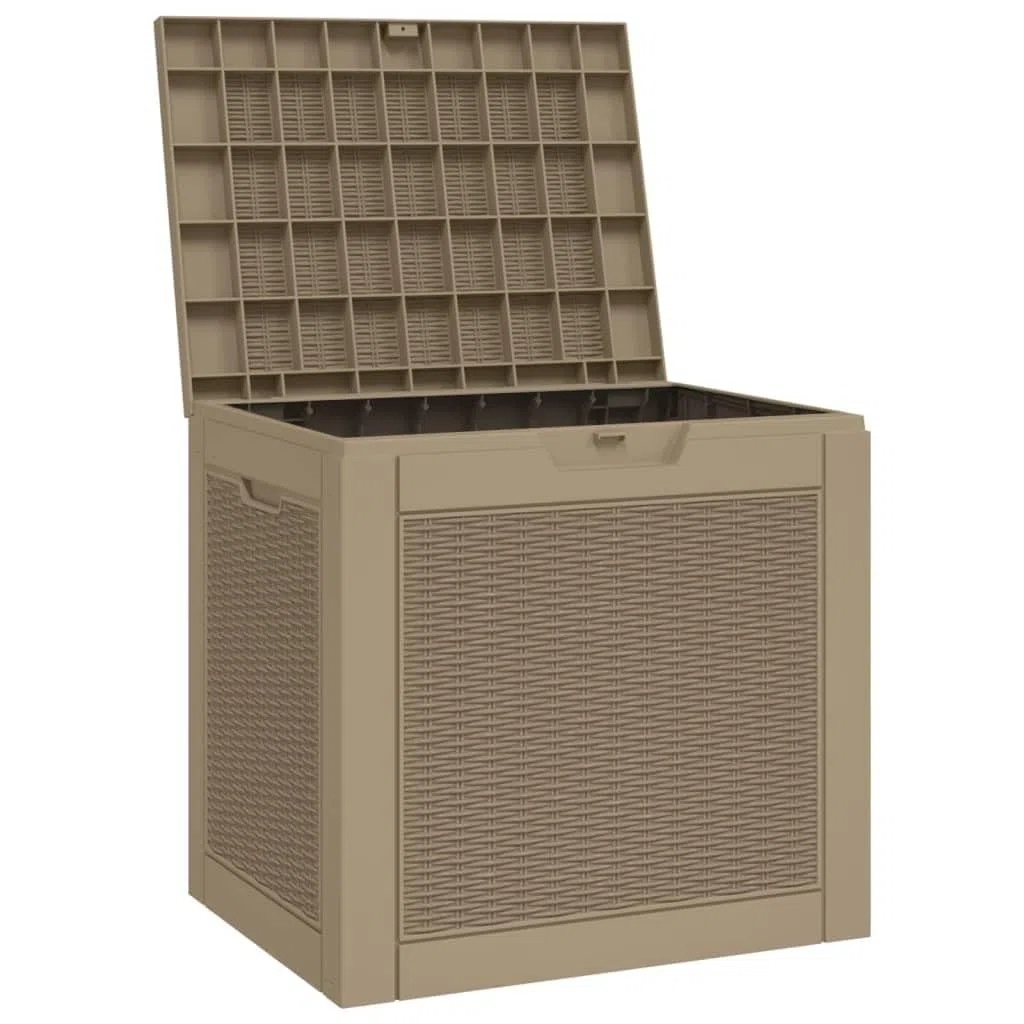 Coffre de jardin marron clair 55,5 x 43 x 53 cm – 118 l – Boîte de rangement en polypropylène robuste aspect rotin – Coffre de jardin avec couvercle et poignées pour coussins et outils de