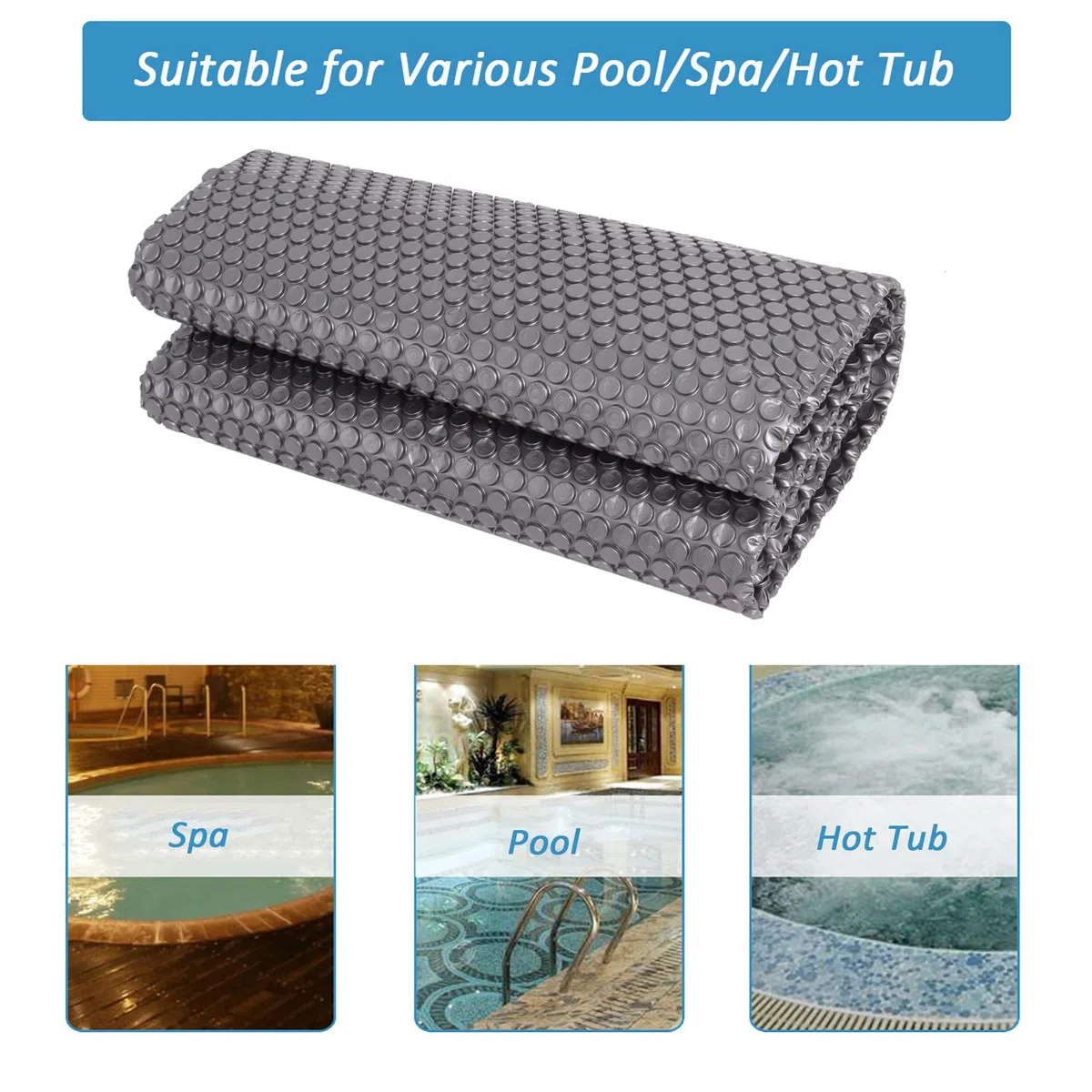 Couverture à bulles pour jacuzzi – 2,4 x 2,4 m – Couverture solaire carrée pour piscine, spa, piscine et spa | Couverture thermique flottante très résistante pour isoler le chauffage solaire (gris)