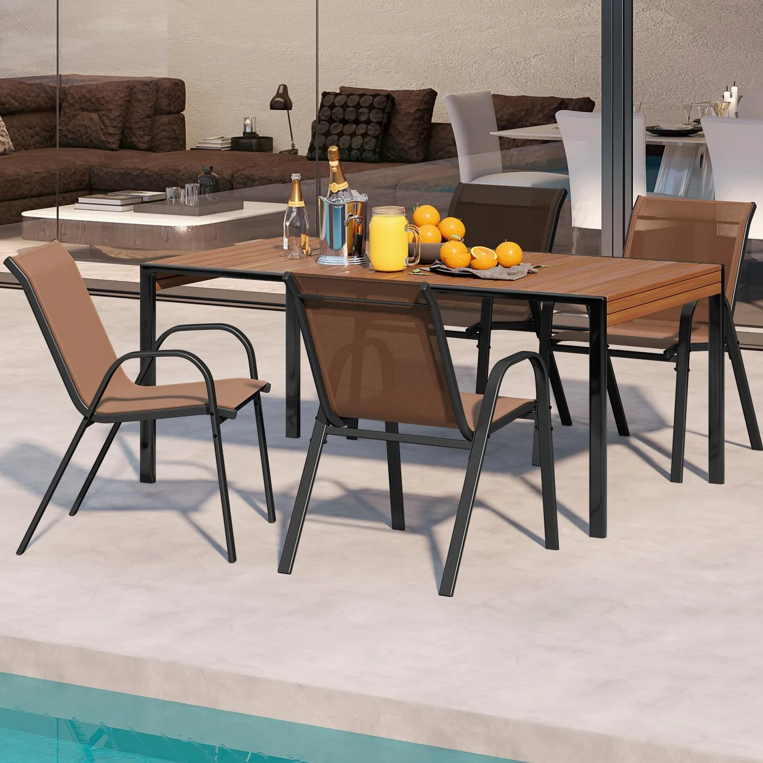 GIANTEX Lot de 4 Chaises de Jardin Extérieures, Chaise de Salle à Manger Empilables Cadre en Acier avec Mains Courantes, Fauteuil d'Extérieur avec Dossier et Siège Ergonomiques (Marron)