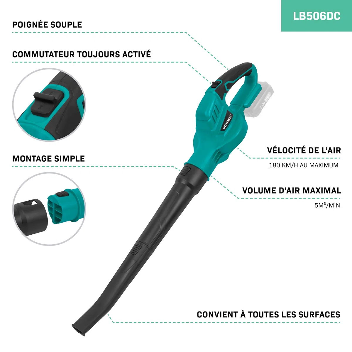 VONROC Souffleur de Feuilles sans Fil 20V - Jusqu'à 180km/h - Poignée Soft-Grip - Ramasse Feuilles Mortes, Nettoyage Jardin, Gazon - Nouveau Modèle 2024 - sans Batterie ni Chargeur