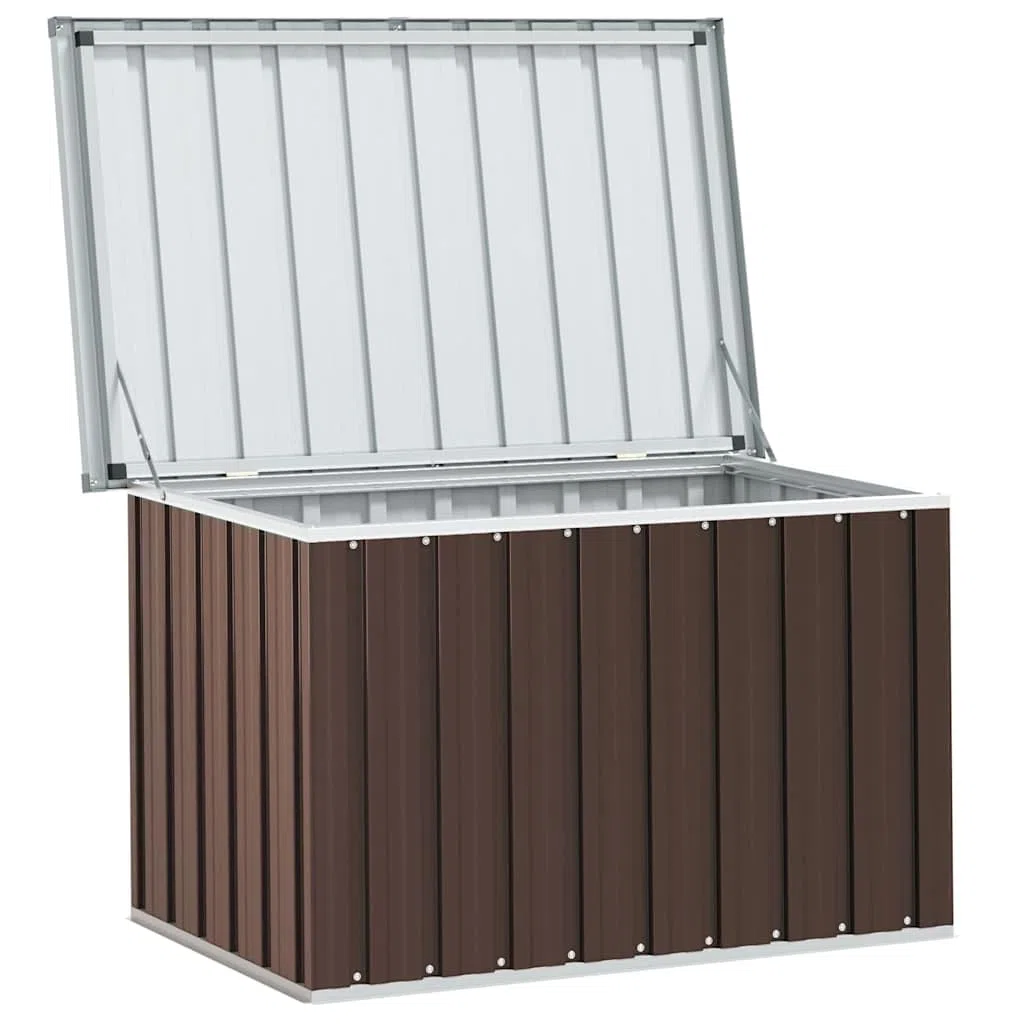 Boîte de rangement de jardin marron en acier galvanisé et plastique - 109 x 67 x 65 cm - Grand espace de rangement - Coffre de rangement avec couvercle rabattable - Résistant aux intempéries