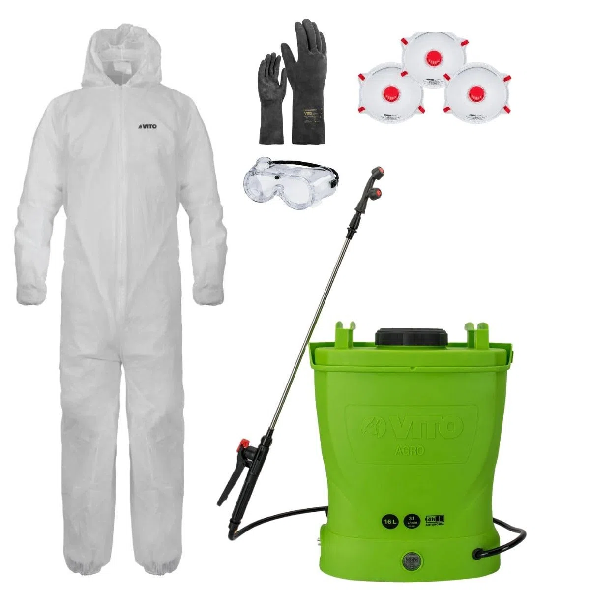 VITO Pulvérisateur Electrique à Batterie 16L + Combinaison de Protection Jetable Jardin + Accessoires de Protection et Pulvérisation