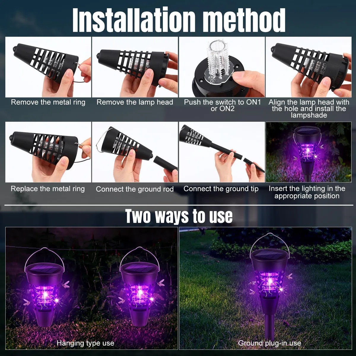 Qualirey Lot de 12 tue-insectes solaires et tueurs de moustiques d'extérieur étanches en forme de cône Lumière LED Répulsif anti-moustiques pour terrasse, jardin, cour, camping – Design à suspendre