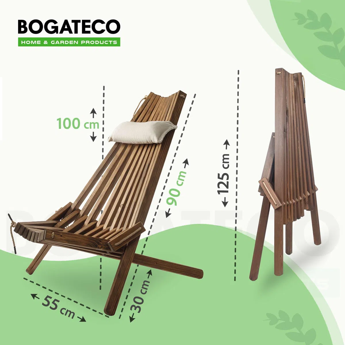 BOGATECO Transat de Jardin Pliable en Bois avec Coussin - Chilienne de Terrasse et Balcon - Chaise Longue Extérieur - Bain de Soleil Pliant - 100 x 55 x 90 cm - Brun foncé