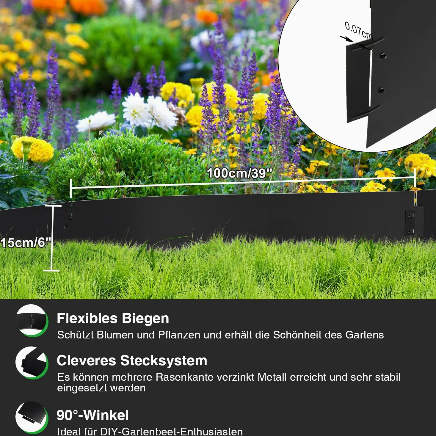 Bordure de pelouse en métal 40m - 40 pièces galvanisées Bordure de Tonte, Bordure de Parterre Longueur par Bande 10m, Hauteur 18cm, pour Plantes de Jardin Culture maraîchère Florale, Noir