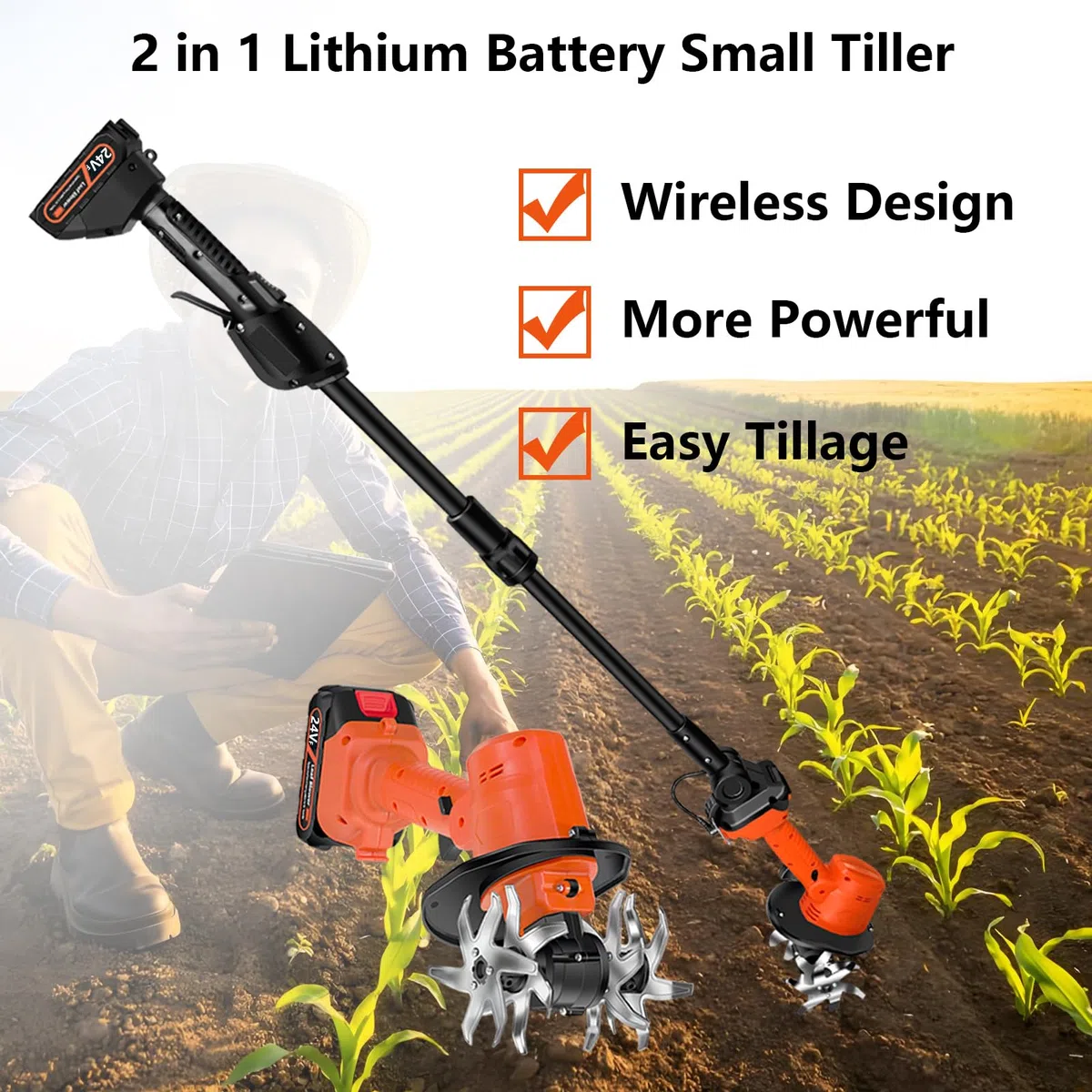 Motobineuse Batterie 24V Motoculteur éLectrique sans Fil avec 2 Batteries de 1500 Mah et Chargeur Motobineuse éLectrique Largeur de Travail 10 Cm Profondeur 10 Cm pour Jardinage et Cultivate