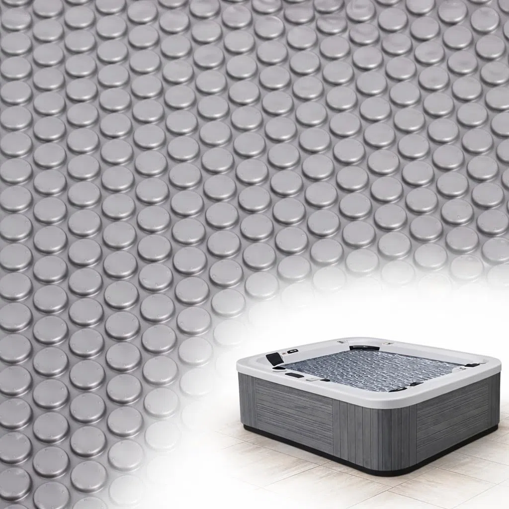 Couverture à bulles pour jacuzzi – 2,4 x 2,4 m – Couverture solaire carrée pour piscine, spa, piscine et spa | Couverture thermique flottante très résistante pour isoler le chauffage solaire (gris)
