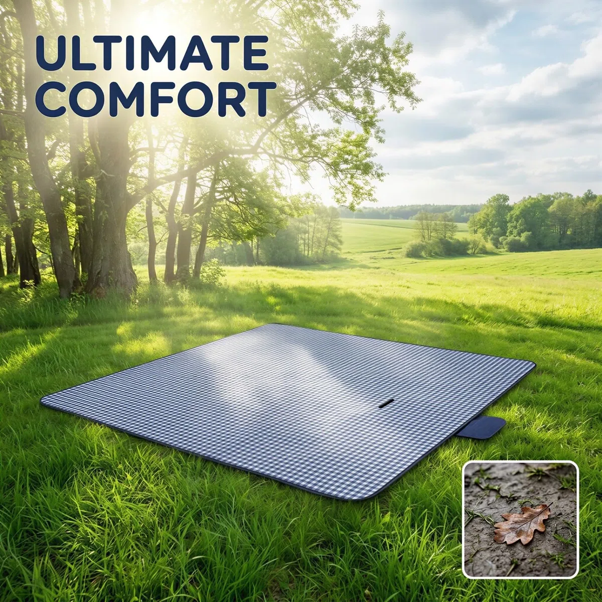 Couverture de Pique-Nique extérieure 200 x 300 cm, Grande Couverture de Plage Pliable, Toile Oxford imperméable, Tapis de Camping Bleu à Carreaux avec poignée pour Parc, randonnée