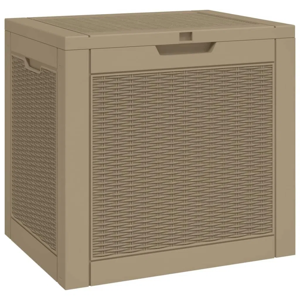 Coffre de jardin marron clair 55,5 x 43 x 53 cm – 118 l – Boîte de rangement en polypropylène robuste aspect rotin – Coffre de jardin avec couvercle et poignées pour coussins et outils de