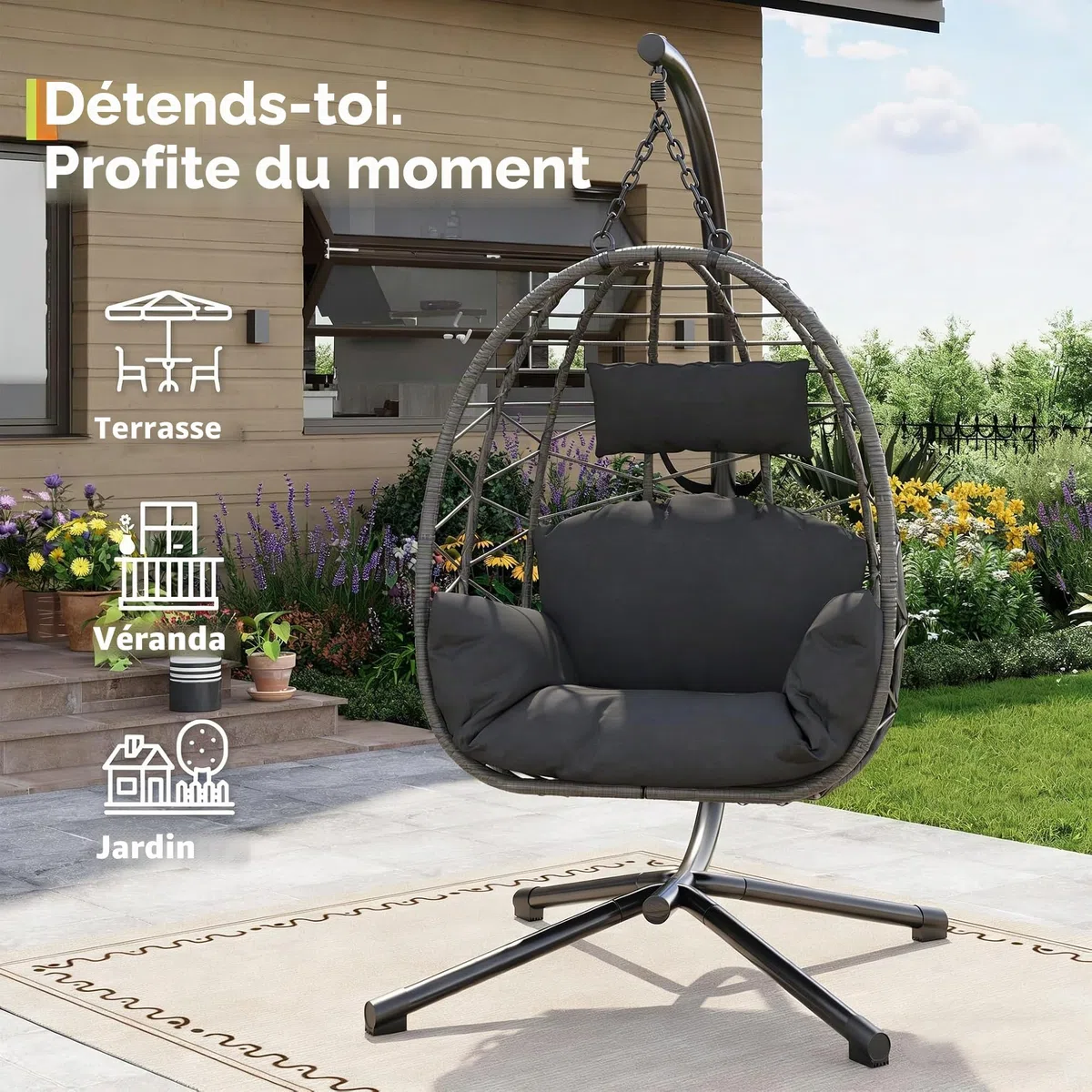 Fauteuil suspendu avec structure pour extérieur, charge jusqu'à 150 kg, fauteuil suspendu en rotin avec structure en métal, housse de protection résistante aux intempéries incluse, panier suspendu