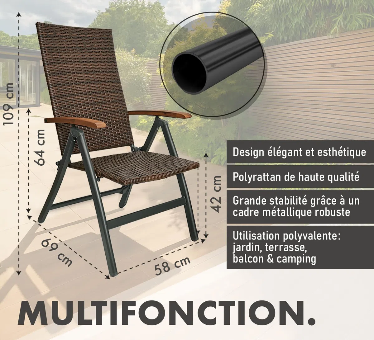 BRUBAKER Modena Chaise de Jardin Poly Rattan - Chaise à Dossier Haut réglable en 7 Positions - Rembourré - Imperméable - Métal - Gris/Brun