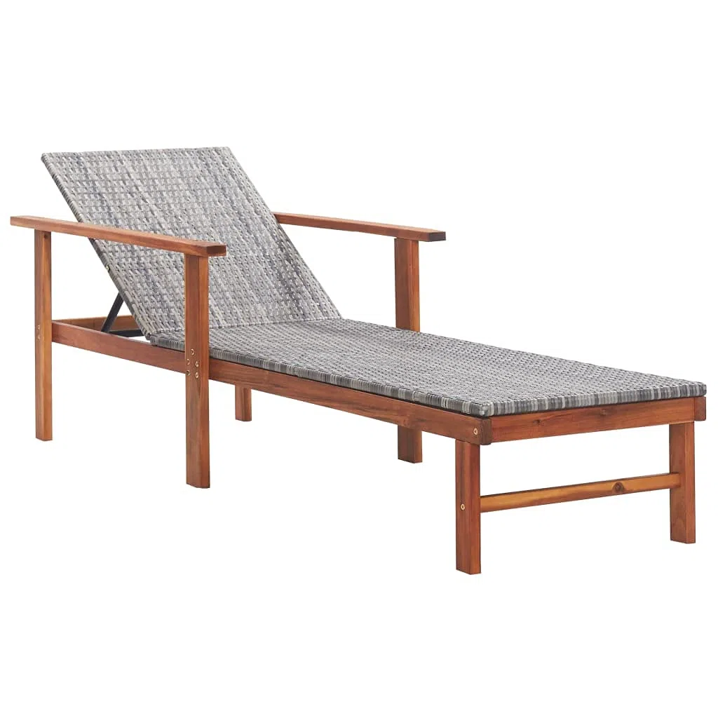 Chaise Longue résine tressée Gris avec Bois d'acacia Massif pour Jardin terrasse Piscine transat Relaxation Confortable extérieur Stable 200 cm