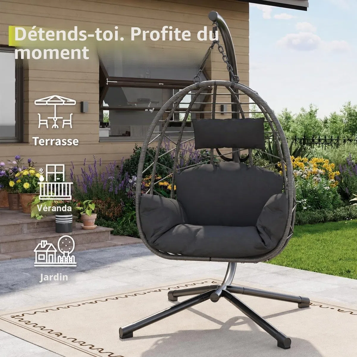 Fauteuil suspendu avec structure pour extérieur, charge jusqu'à 150 kg, fauteuil suspendu en rotin avec structure en métal, housse de protection résistante aux intempéries incluse, panier suspendu