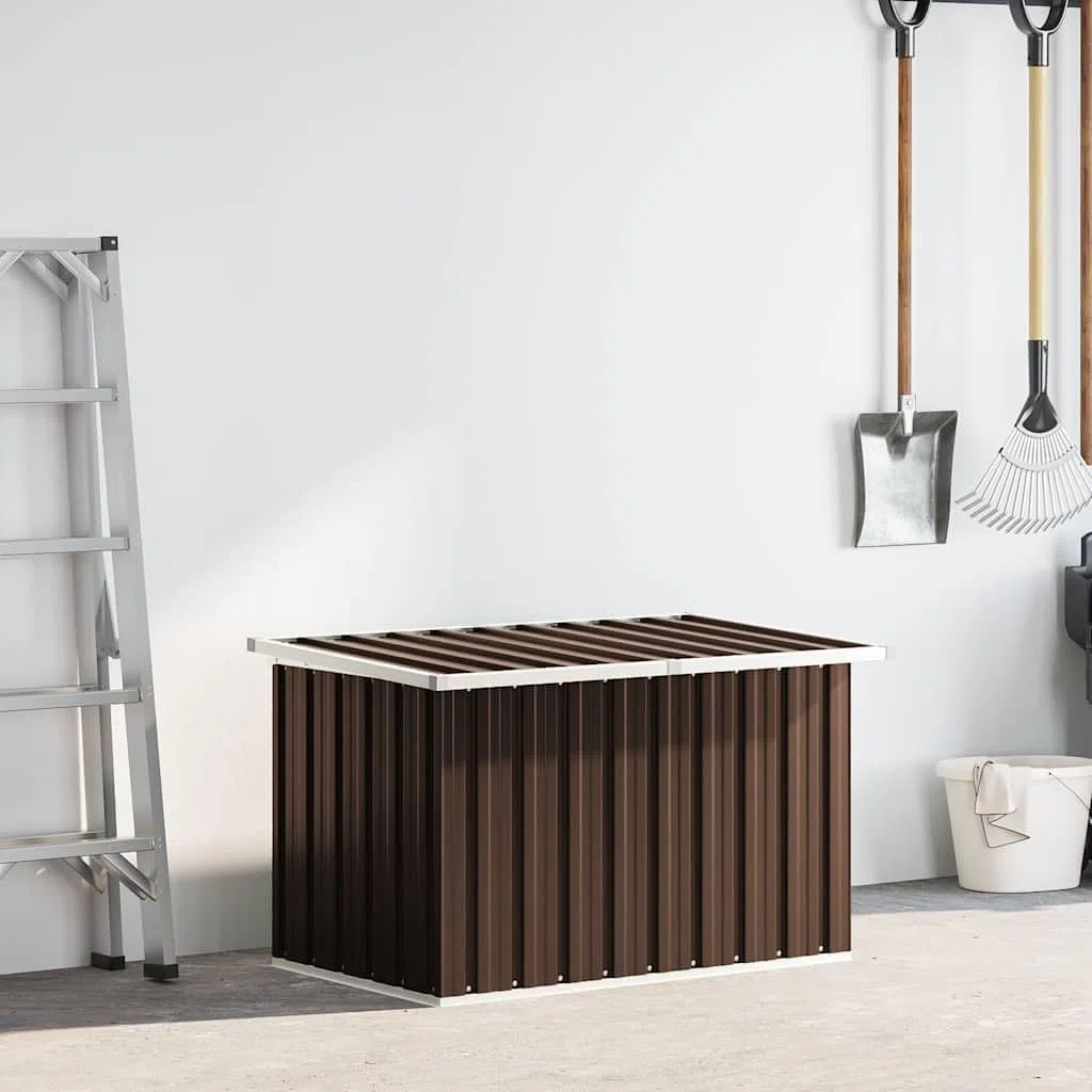 Boîte de rangement de jardin marron en acier galvanisé et plastique - 109 x 67 x 65 cm - Grand espace de rangement - Coffre de rangement avec couvercle rabattable - Résistant aux intempéries