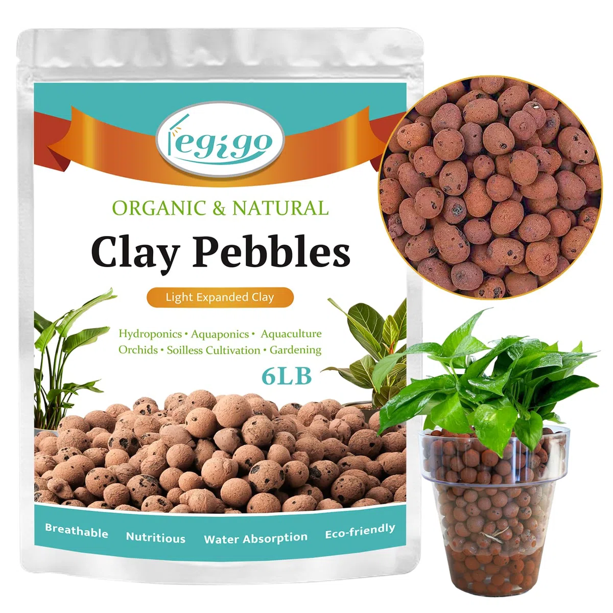 Legigo Galets d'argile organique expansés de 2,7 kg, agrégat d'argile expansée légère de 4 mm à 16 mm, galets d'argile naturelle pour culture hydroponique et aquaponique, mélange de rempotage