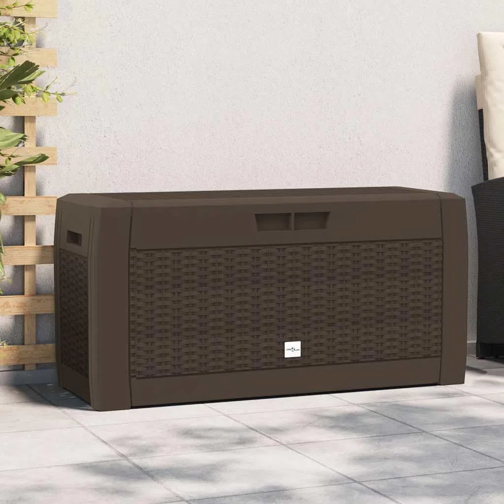 Coffre de jardin marron en polypropylène 119 x 48 x 60 cm avec couvercle et espace de rangement, verrouillable, résistant aux intempéries, pour jardin, terrasse, balcon, rangement de coussins