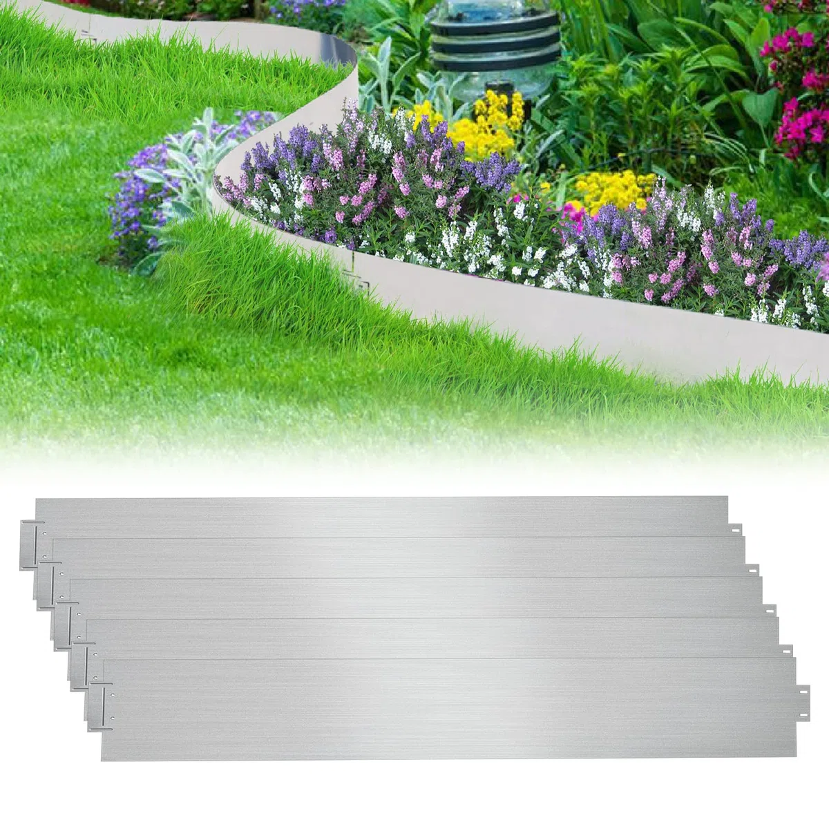 Bordure de pelouse en métal 40m - 40 pièces galvanisées Bordure de Tonte, Bordure de Parterre Longueur par 10m, Hauteur 18cm, pour Les Plantes de Jardin Culture maraîchère Florale, argenté