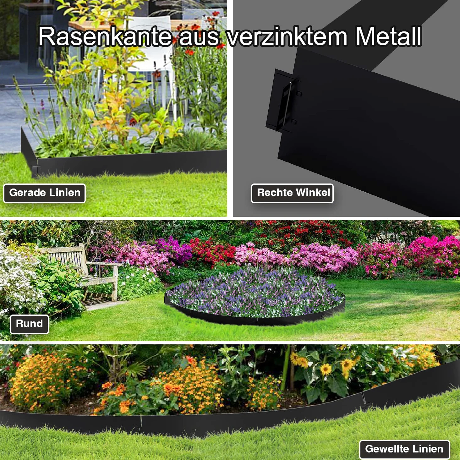 Bordure de pelouse en métal 40m - 40 pièces galvanisées Bordure de Tonte, Bordure de Parterre Longueur par Bande 10m, Hauteur 18cm, pour Plantes de Jardin Culture maraîchère Florale, Noir