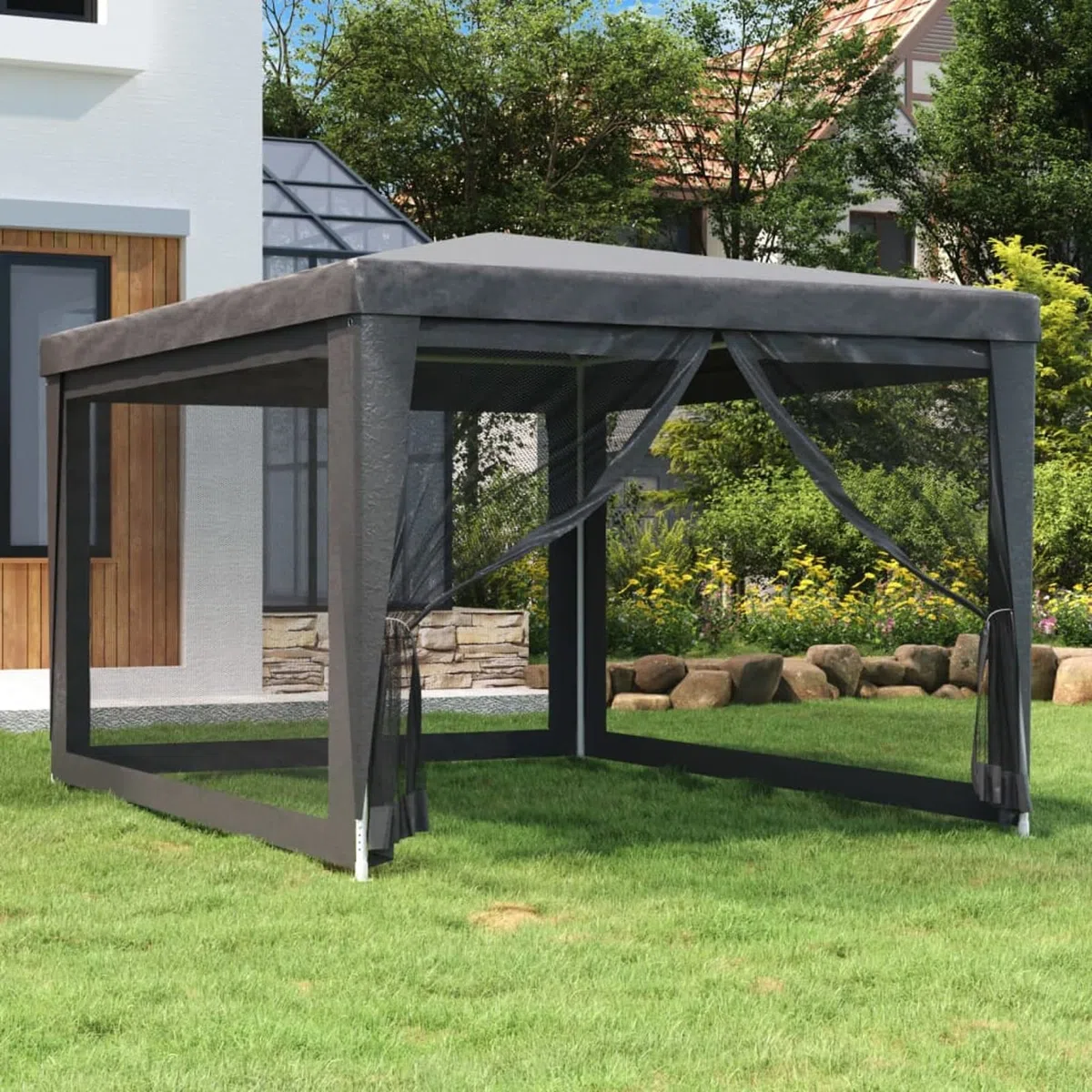 Tente de jardin 3 x 4 m Gazebo pour jardin tonnelle avec 4 parties latérales moustiquaire avec fermeture éclair protection UV pour patio extérieur événements fête gris anthracite