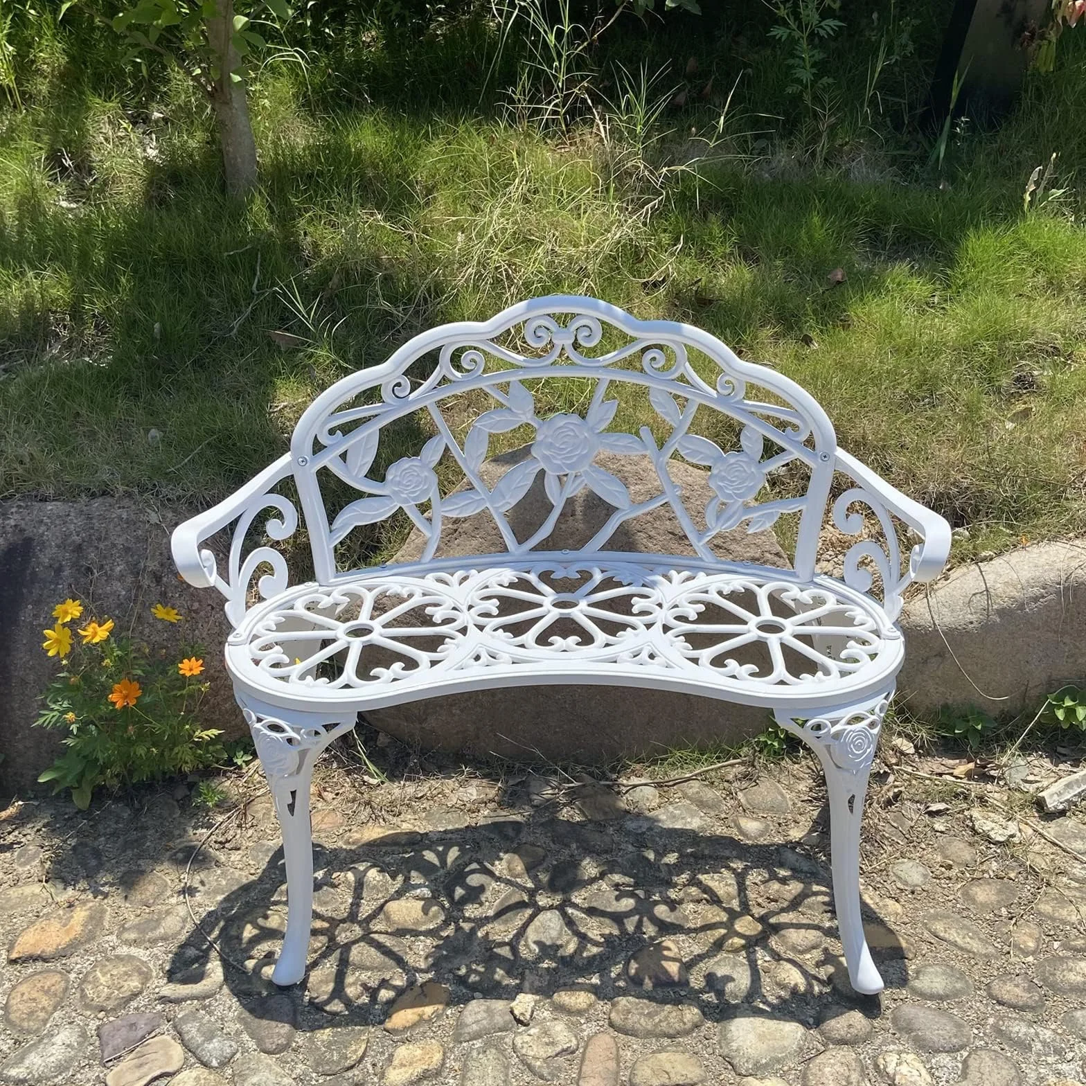 Banc de jardin, rose en aluminium, convient pour jardin, véranda, parc, véranda, balcon en plein air (blanc)