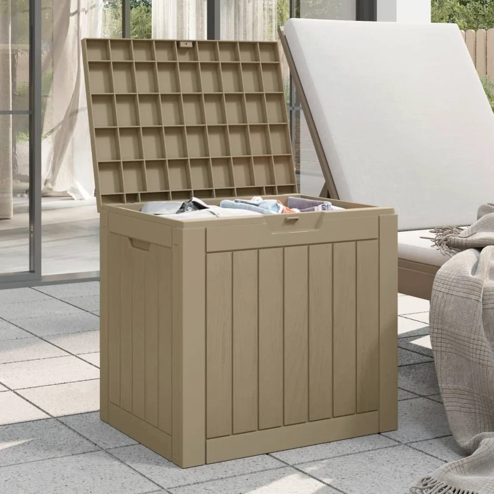 Coffre de jardin gris aspect bois en polypropylène PP 55,5 x 43 x 53 cm 118 l couvercle verrouillable pour coussins et accessoires de piscine espace de rangement extérieur