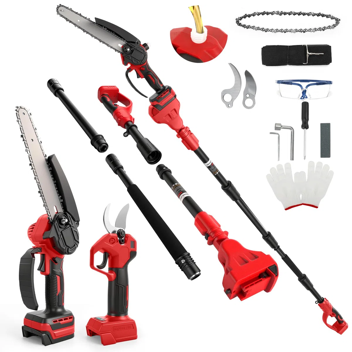 Mini tronçonneuse avec tige télescopique et sécateur électrique de 28 mm, kit d'outils de jardin 4 en 1, compatible avec batterie Milwaukee 18 V, portée maximale jusqu'à 4 m (sans batterie)