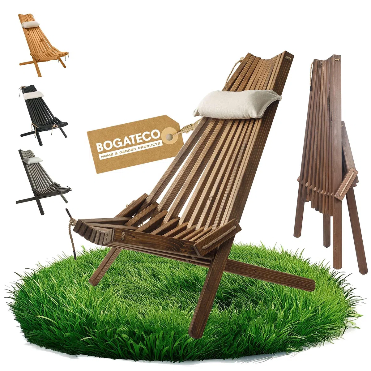 BOGATECO Transat de Jardin Pliable en Bois avec Coussin - Chilienne de Terrasse et Balcon - Chaise Longue Extérieur - Bain de Soleil Pliant - 100 x 55 x 90 cm - Brun foncé