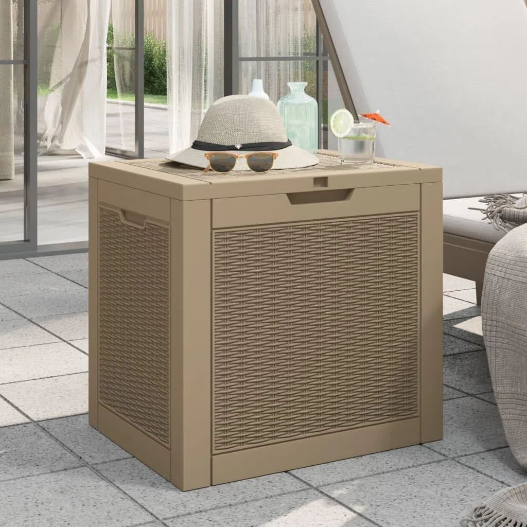 Coffre de jardin marron clair 55,5 x 43 x 53 cm – 118 l – Boîte de rangement en polypropylène robuste aspect rotin – Coffre de jardin avec couvercle et poignées pour coussins et outils de