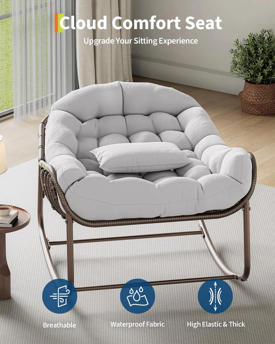Fauteuil à Bascule Papasan d’extérieur XXL, Chaise œuf en résine tressée avec Coussin épais, Structure métal avec Base en Bois – pour Patio, Jardin, Balcon, Porche – Marron + Tissu écru –