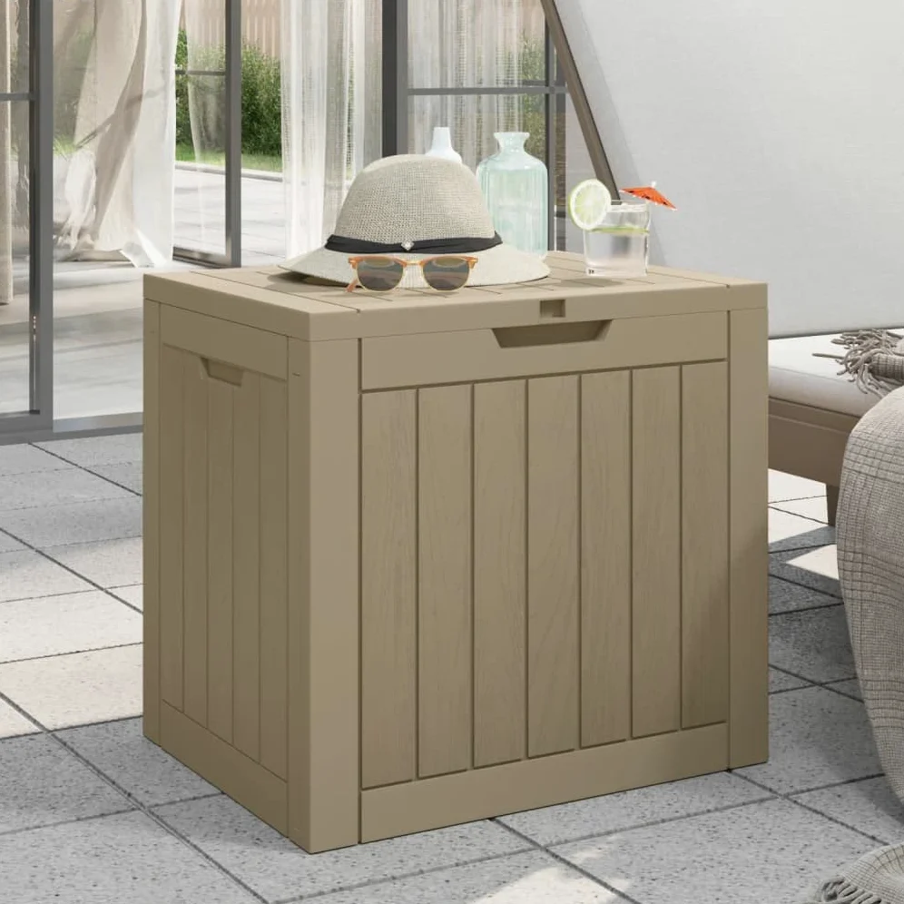 Coffre de jardin gris aspect bois en polypropylène PP 55,5 x 43 x 53 cm 118 l couvercle verrouillable pour coussins et accessoires de piscine espace de rangement extérieur