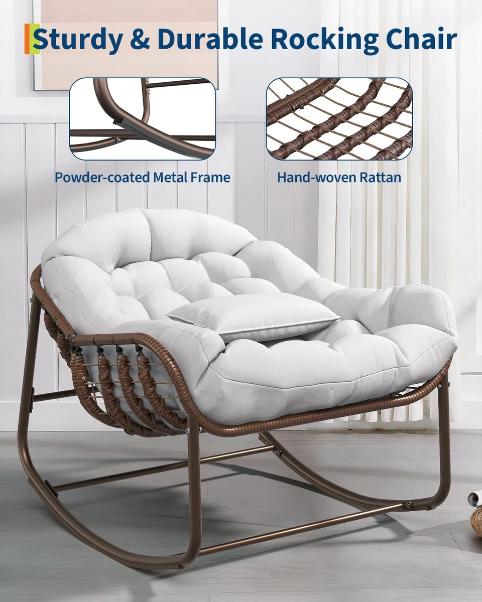 Fauteuil à Bascule Papasan d’extérieur XXL, Chaise œuf en résine tressée avec Coussin épais, Structure métal avec Base en Bois – pour Patio, Jardin, Balcon, Porche – Marron + Tissu écru –