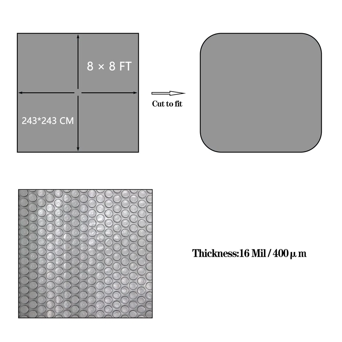 Couverture à bulles pour jacuzzi – 2,4 x 2,4 m – Couverture solaire carrée pour piscine, spa, piscine et spa | Couverture thermique flottante très résistante pour isoler le chauffage solaire (gris)