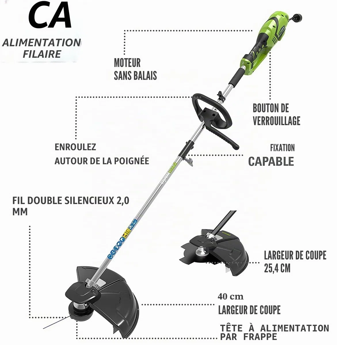 Greenworks Coupe-Bordure & Débroussailleuse à Fil Électrique 230V 40cm, Fil de Coupe 20m