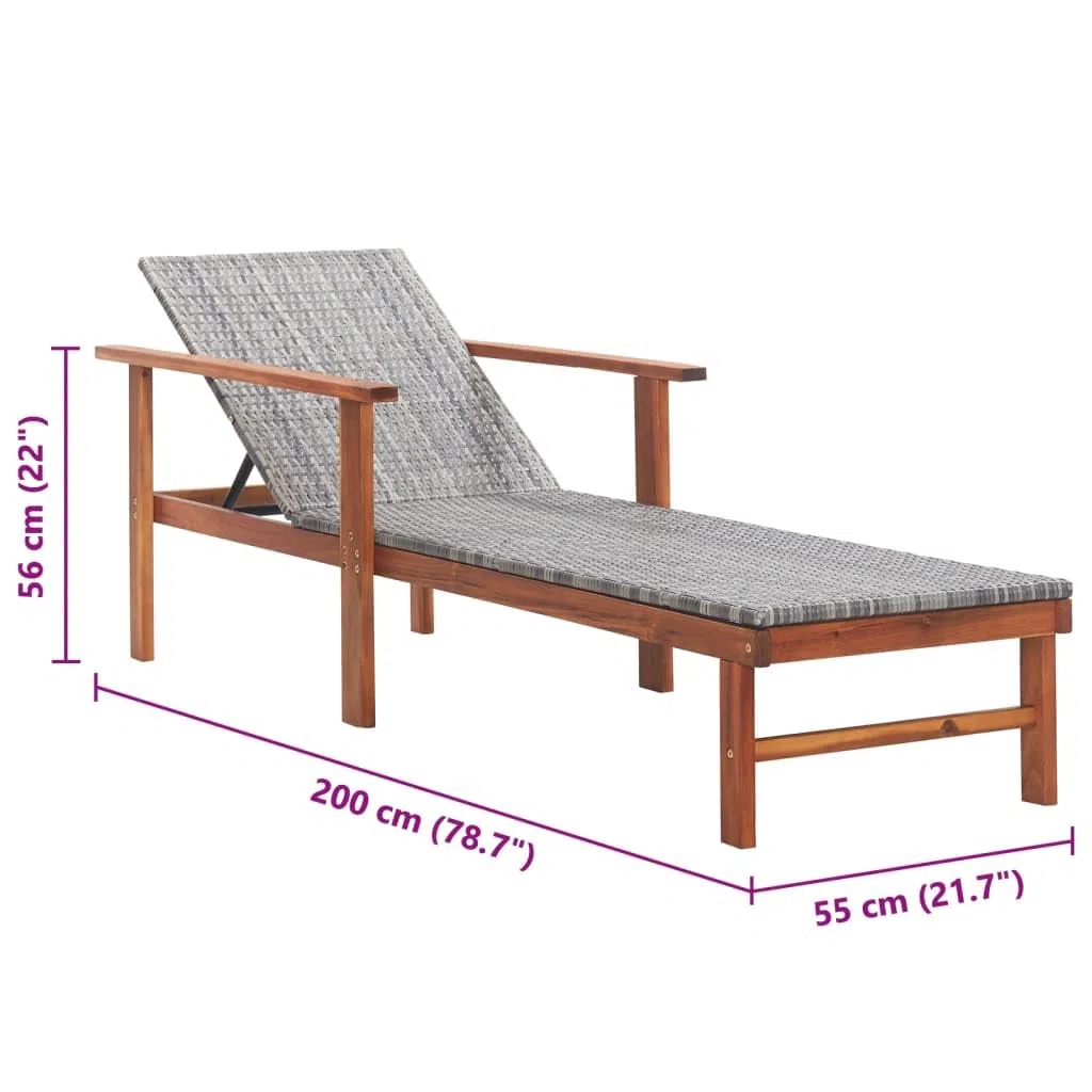 Chaise Longue résine tressée Gris avec Bois d'acacia Massif pour Jardin terrasse Piscine transat Relaxation Confortable extérieur Stable 200 cm