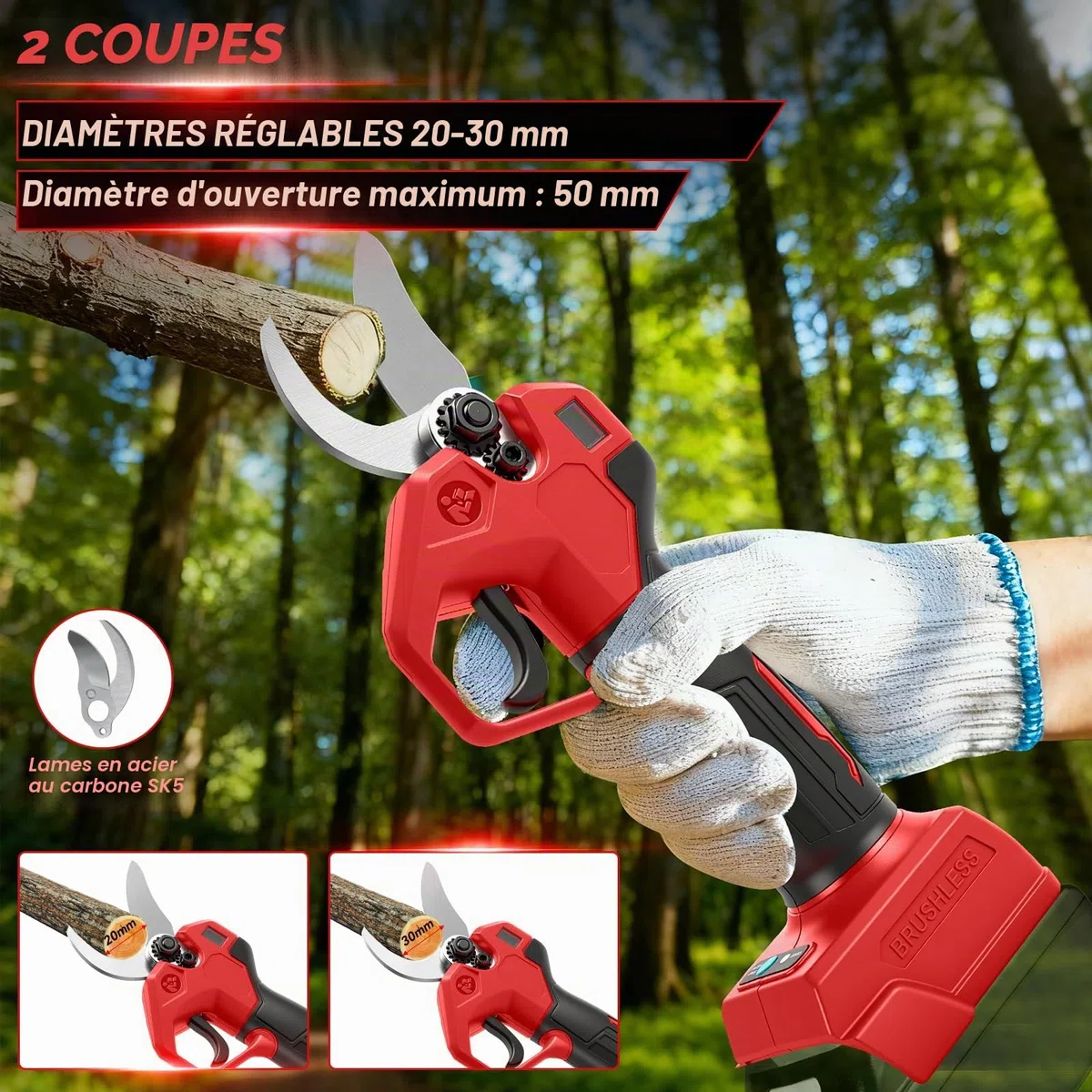Mini tronçonneuse avec tige télescopique et sécateur électrique de 28 mm, kit d'outils de jardin 4 en 1, compatible avec batterie Milwaukee 18 V, portée maximale jusqu'à 4 m (sans batterie)